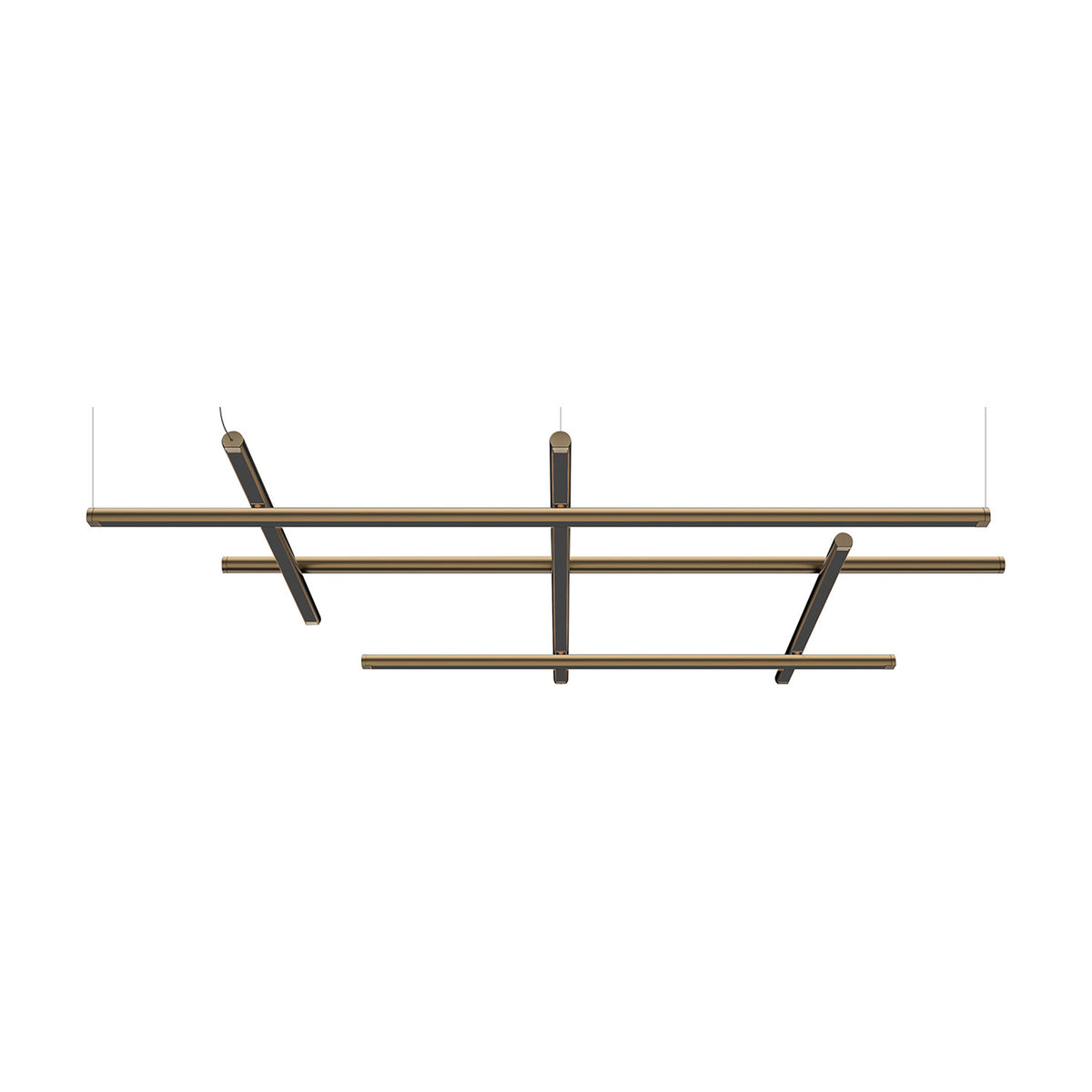 Hilow LED pendant light with black diffuser bars forming an open grid of three long and three short brass-finish tubes, suspended on thin cables against a plain white background.
