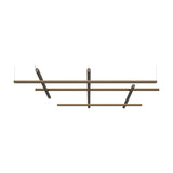 Hilow LED pendant light with black diffuser bars forming an open grid of three long and three short brass-finish tubes, suspended on thin cables against a plain white background.