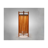 Kando P/111/R rechargeable outdoor floor lamp with sand nautical cord cylinder in a teak wood frame, three-legged base, and brown top disc, glowing warmly on a plain grey background.