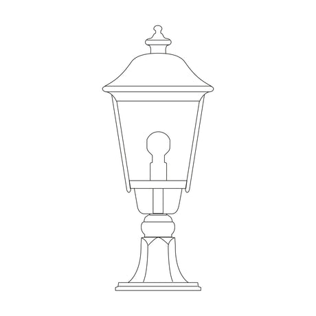 Line drawing of the Casement Cast Aluminium Outdoor Bollard Light, 58cm, featuring a traditional lantern with domed roof, glazed panels, globe bulb, and cast pedestal base.