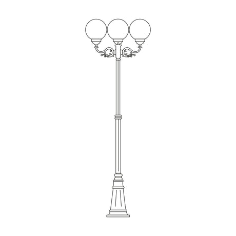 Rondel cast aluminium outdoor 3 light lamp post, 243cm column with scrolled arms and three opal globe lanterns on a tiered plinth base, shown in line-drawing outline on a plain white background.