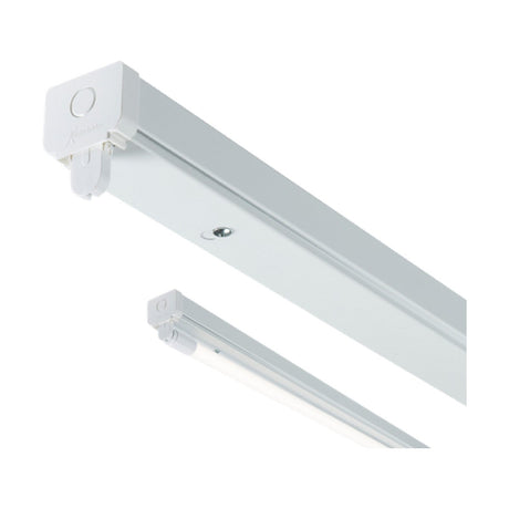 Two Single 4ft T8 LED-Ready Battens, lacking ballast and driver, are displayed against a plain background. These minimalist fixtures include circular buttons and mounting options at the ends, ideal for 4ft T8 installations.