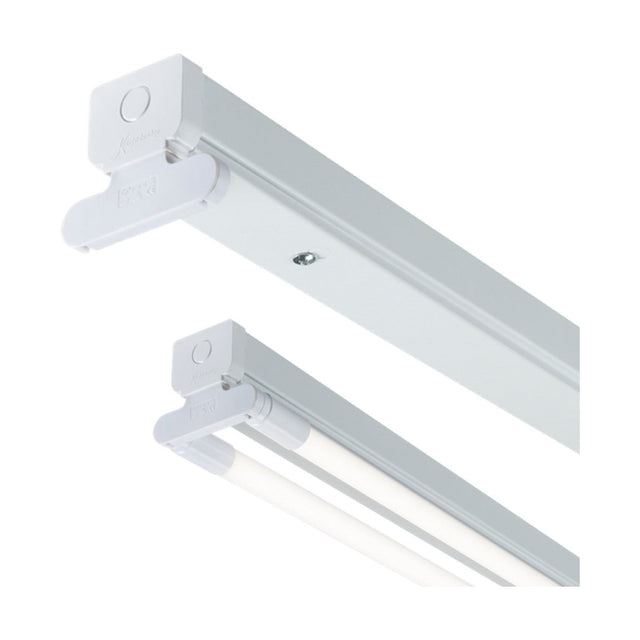 A pair of Twin 4ft T8 LED-Ready Battens, each designed to hold two T8 LED tubes, are displayed against a plain background. These fixtures feature a rectangular base with a circular button on one end and come without ballast and driver.