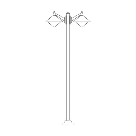 Cast aluminium outdoor lamp post with tall column, two angled arms, splay lantern heads with opal diffusers, and square base, shown in line-drawing style on white background.