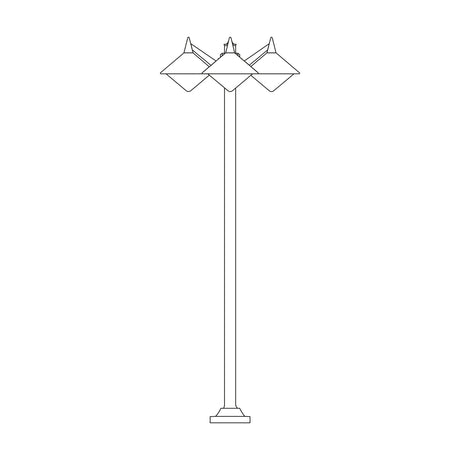 Splay cast aluminium outdoor lamp post with a tall tapered column and three splayed cone-shaped lantern heads at the top, shown in outline on a plain white background.