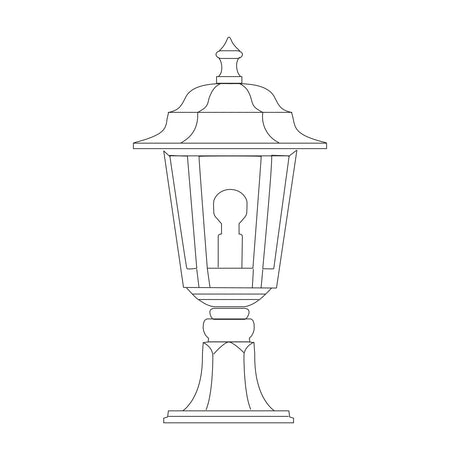 Line drawing of the Dentil cast aluminium outdoor bollard light, 46cm, with two-tiered scalloped roof, glass-paned lantern head and pedestal base, on a plain white background.