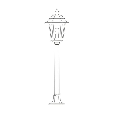 Line drawing of the Dentil 118cm cast aluminium bollard light, featuring a hexagonal lantern head with tiered roof and glass panes on a slim post with moulded base.