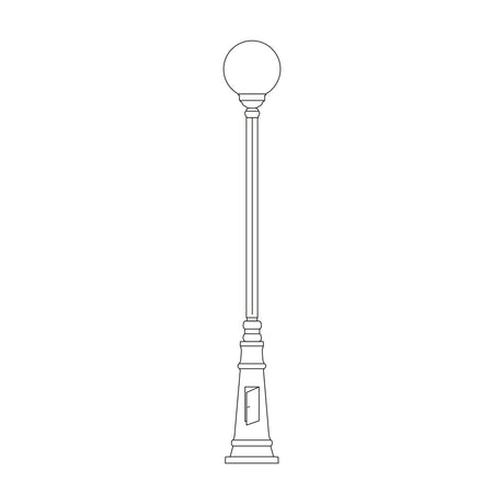Rondel Cast Aluminium Outdoor Lamp Post, 185cm, line illustration showing a tall column with an opal globe lantern on a tapered plinth base with a side access panel, plain white background.