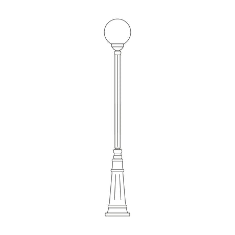 Rondel Cast Aluminium Outdoor Lamp Post, 185cm, with fluted tapered base, slender fluted column and an opal globe lantern on top, shown as a line illustration on a plain white background.