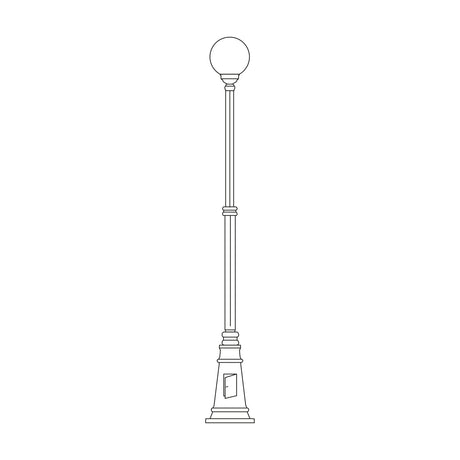 Line drawing of the Rondel 243cm cast aluminium outdoor lamp post with a round opal globe lantern atop a tapered column and cast plinth base, on a plain white background.