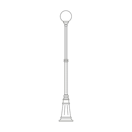 Line drawing of the Rondel 243cm cast aluminium outdoor lamp post with opal globe lantern atop a tall fluted column and swelling cast plinth base, shown on a plain white background.