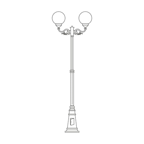 Rondel cast aluminium outdoor lamp post, 243cm column with 2 opal globe lanterns on scrolled arms and a tapered plinth base, shown on a plain white background.