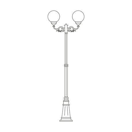 Rondel 243cm cast aluminium outdoor lamp post with scrolled double arms, two opal globe lanterns and a tapered plinth base, shown in black on a plain white background.