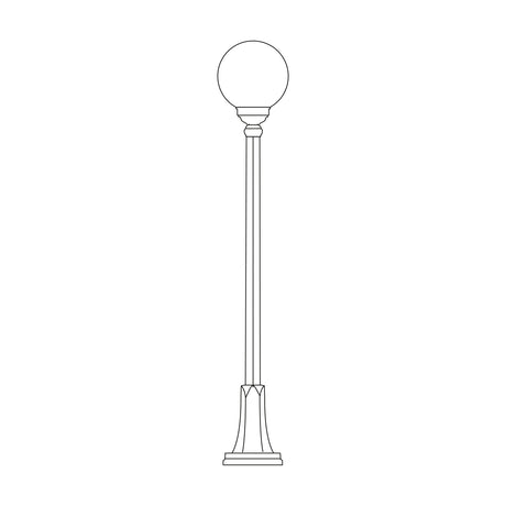 Rondel Cast Aluminium Outdoor Lamp Post, 149cm column with a single opal globe lantern on a ribbed flange-plate base, line illustration on a plain white background.
