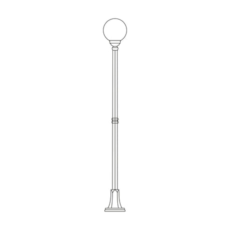 Rondel cast aluminium outdoor lamp post, 205cm column with ribbed flange base and opal globe lantern on top, line drawing on a plain white background.