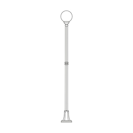 Rondel Cast Aluminium Outdoor Lamp Post, 243cm, with an opal globe lantern atop a slim ribbed column on a wide flange plate base, shown in line-drawing style on a white background.