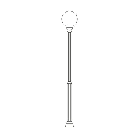 Rondel cast aluminium outdoor lamp post with a round opal globe shade atop a fluted column and stepped base, line illustration on a plain white background.