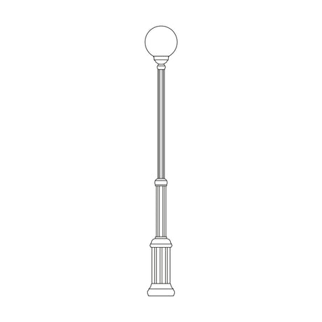 Rondel cast aluminium outdoor lamp post, 144-209cm fluted column with a round opal globe lantern on top, line illustration on a plain white background.