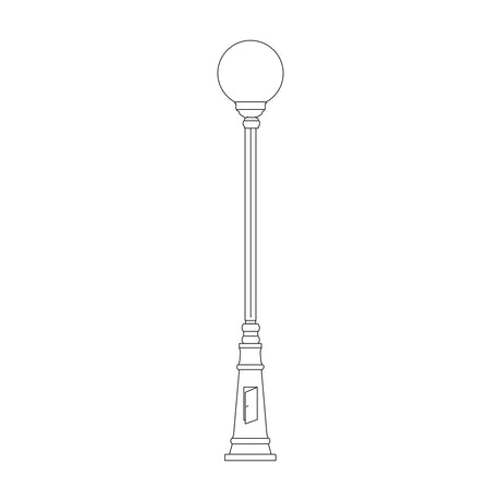 Rondel Large cast aluminium outdoor lamp post, 192cm, with a tapered plinth base, slim fluted column, and single opal globe lantern, line drawing on a plain white background.
