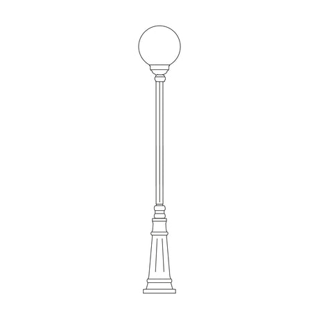 Rondel Large cast aluminium outdoor lamp post, 192cm, with a round opal globe lantern atop a tall fluted column and tapered plinth base, line illustration on a white background.