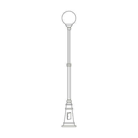Rondel Large cast aluminium outdoor lamp post, 250cm column with tapered plinth base and opal globe lantern, shown in line-drawing style on a plain white background.