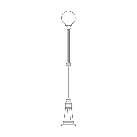 Rondel Large cast aluminium outdoor lamp post, 250cm column with spherical opal globe lantern and ribbed cast plinth base, shown in line-art outline on a plain white background.