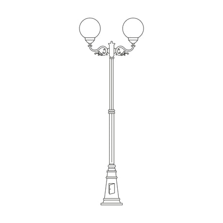 Rondel Large cast aluminium outdoor lamp post, 250cm column with 2 round opal globe lanterns and ornate scroll arms on a decorative plinth base, shown on a plain white background.