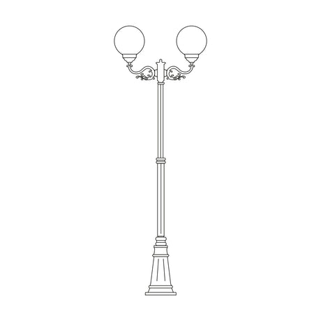 Rondel Large cast aluminium outdoor lamp post, 250cm column with scrolled arms holding 2 round opal globe lanterns, flared base plinth, line illustration on white background.