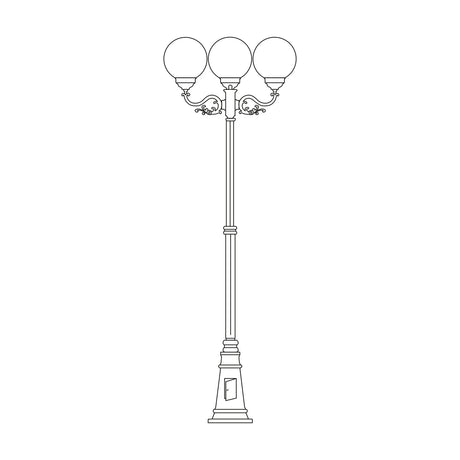 Rondel Large cast aluminium outdoor lamp post, 250cm column with scrolled arms holding 3 round opal globe lanterns, on a tapered plinth base, shown in line-art on a plain white background.