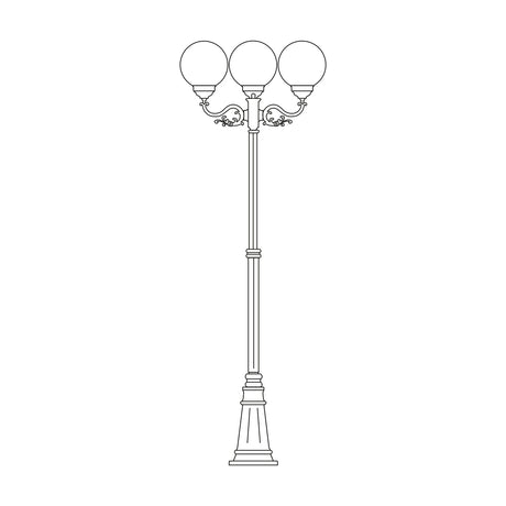 Rondel Large cast aluminium outdoor 3-light lamp post, 250cm column with scrolled arms, round opal globe shades and fluted plinth base, shown in line-art on a plain white background.