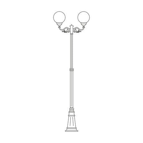 Rondel Large cast aluminium outdoor lamp post, 288cm, with 2 round opal globe lanterns on a scrolled double arm and fluted plinth base, shown as a line drawing on a white background.