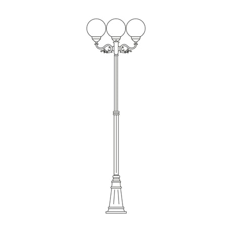 Rondel Large cast aluminium outdoor lamp post, 288cm, with 3 round opal globe lanterns and scrolled arms on a tall column with decorative base, plain white background.