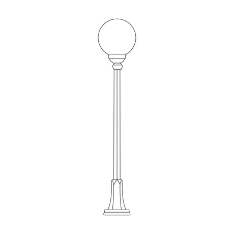 Rondel Large cast aluminium outdoor lamp post, 156cm column with a round globe lantern on a ribbed flange-plate base, line illustration on a white background.