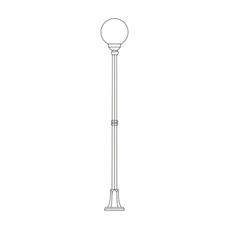 Line drawing of the Rondel Large cast aluminium outdoor lamp post, 212cm column with ribbed flange-plate base and a single spherical globe lantern on top, shown on a plain white background.