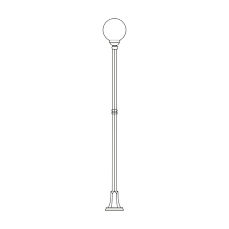 Rondel Large cast aluminium outdoor lamp post, 250cm column with a single round globe lantern on top and a wide ribbed flange-plate base, shown in line drawing on a white background.