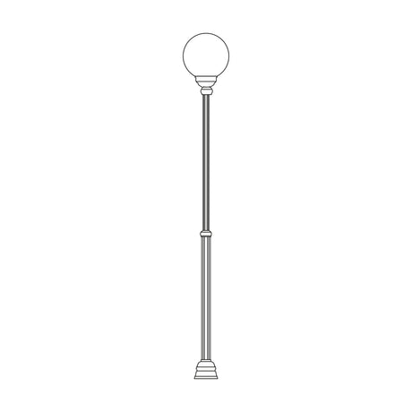 Rondel Large cast aluminium outdoor lamp post with adjustable column, fluted base, and a single opal globe shade atop, shown as a line illustration on a white background.