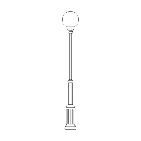 Line drawing of the Rondel Large outdoor lamp post, 151-216cm fluted cast aluminium column with a spherical opal globe shade atop, on a plain white background.