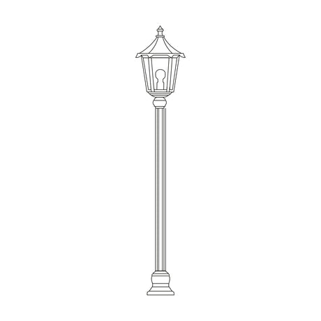 Line drawing of the Gable cast aluminium outdoor lamp post, 135cm column with a six-sided, pagoda-roofed lantern and glass panes, shown on a plain white background.