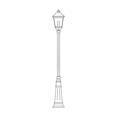 Casement cast aluminium outdoor lamp post, 196cm column with a single traditional lantern head under a domed roof, on a stepped plinth base, shown in line-drawing style on a white background.