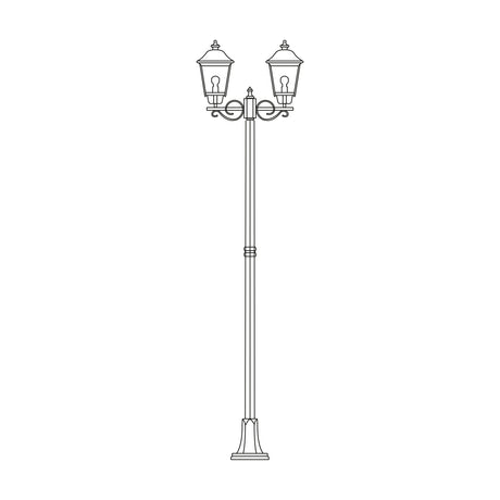 Casement cast aluminium outdoor 2-light lamp post, 260cm tall column with twin domed lanterns and a ribbed flange plate base, line illustration on a white background.