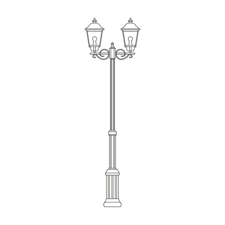 Casement cast aluminium outdoor lamp post with twin domed lanterns on scrolled arms, fluted column on stepped base, traditional black finish, shown on a plain white background.