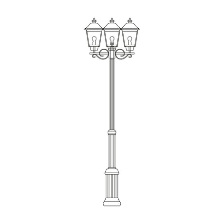 Line drawing of the Casement cast aluminium outdoor lamp post with 3 lantern heads on scrolled arms atop a fluted column, shown on a plain white background.