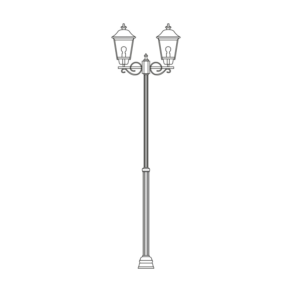 Line drawing of the Casement outdoor lamp post with tall fluted column, base plate, and two scrolled arms holding domed lantern heads with glazed panels, shown on a plain white background.