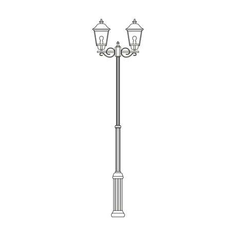 Casement outdoor lamp post with two lantern heads on scrolled brackets atop a fluted column, traditional design on a plain white background.
