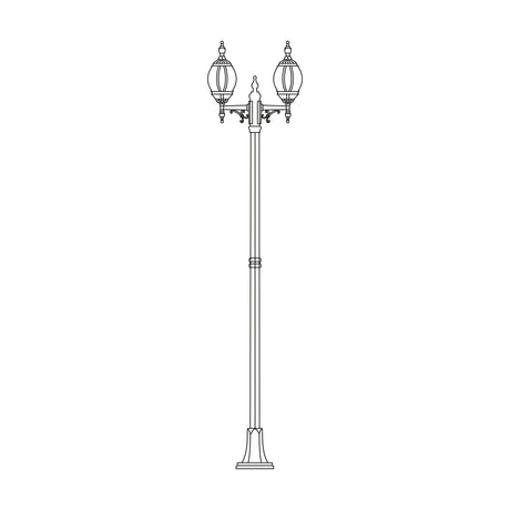 Mullion small cast aluminium outdoor lamp post, 265cm tall, with a ribbed flange-plate base and two ornate globe lanterns with finial details, line drawing on white background.