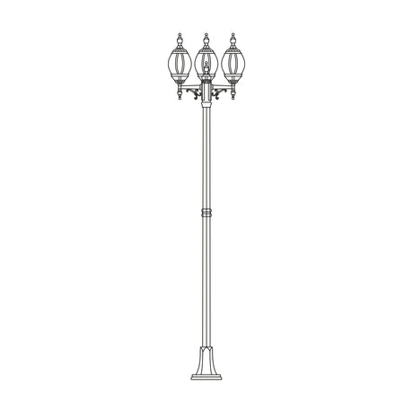 Line drawing of the Mullion Small cast aluminium outdoor lamp post, 265cm column with ribbed flange-plate base and 3 ornate lantern heads, shown on a plain white background.