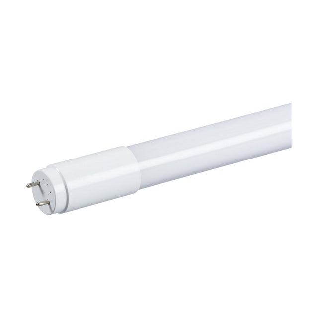 Close-up of a white cylindrical 30W T8 6ft LED tube light with metal pins at one end, set against a plain white background. The tube tapers slightly at the end where the pins are located, emitting a crisp 6000K daylight glow.