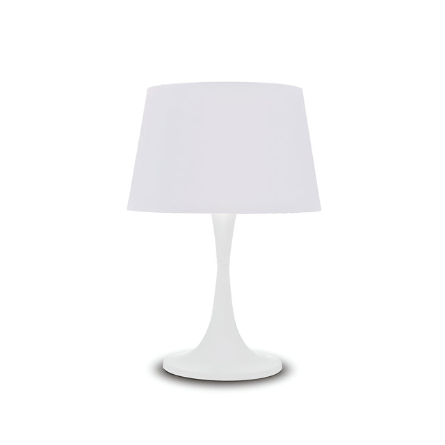The Arc Large Table Lamp - White embodies minimalist design with its sleek white look, characterized by a smooth, curved base and a simple, wide lampshade. It's an ideal piece for modern interiors, presenting itself gracefully against a plain white background.