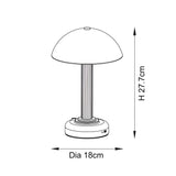 Dimension diagram of the Endon Ashfield LED table lamp showing a mushroom-domed shade on a ribbed stem, measuring 27.7cm high and 18cm diameter.
