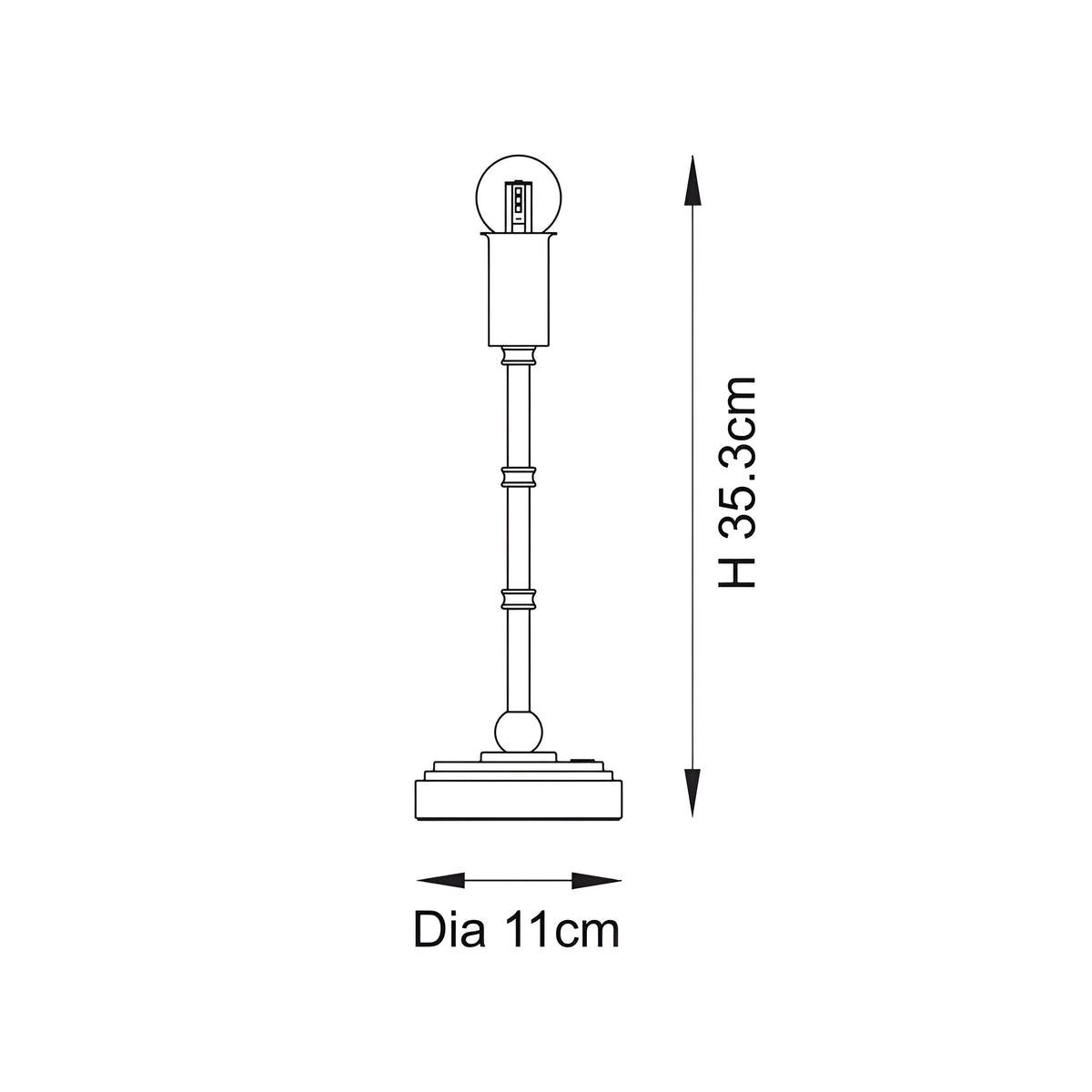 Endon Ashstead LED table lamp dimension diagram showing 35.3cm height and 11cm diameter base on a plain white background.